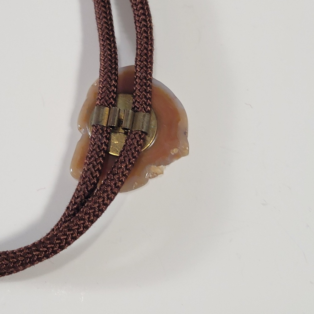 Brown Agate Slice Bolo Tie Mens Western Brass Tips Brown Cord Adjustable - Picture 4 of 8